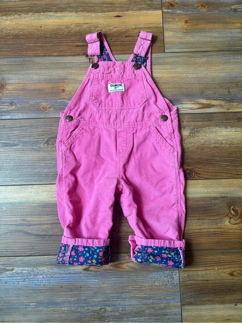 OshKosh B'gosh Bright Pink Corduroy Floral Cuff Overalls